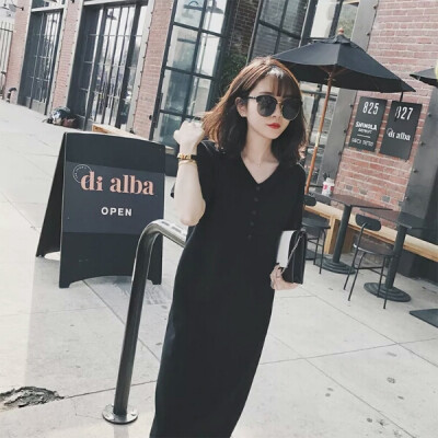 金蘑菇菇气质慵懒风单侧开叉v领polo裙针织冰爽丝短袖连衣裙女