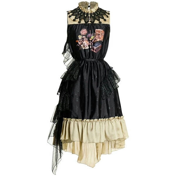 路德2017夏原创印花无袖连衣裙中长蕾丝蓬蓬裙荷叶边燕尾拼接黑色