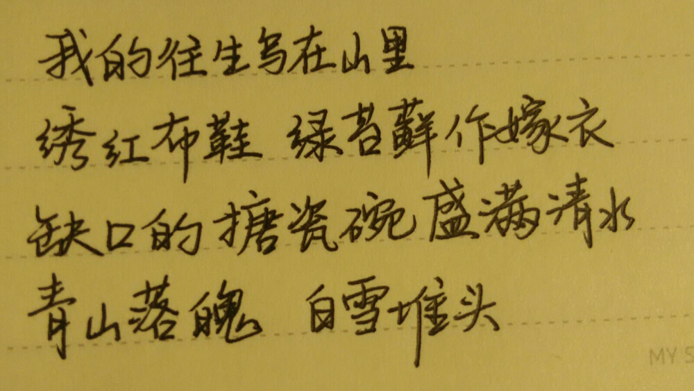 我的往生写在山里
绣红布鞋 绿苔藓作嫁衣
缺口的搪瓷碗盛满清水
青山落魄 白雪堆头