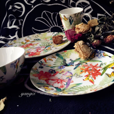 洋瓷家/外贸出口西班牙陶瓷西餐盘吉祥花卉鹦鹉装饰盘碗杯白色系