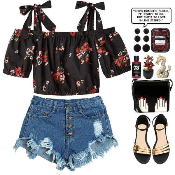 #floral #vintage #hipster #highwaistedshorts #croptop #offshoulder #bow #black #red