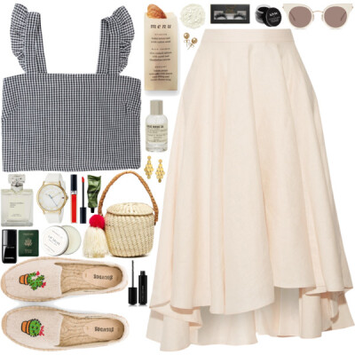 A fashion look from June 2017 featuring flutter-sleeve top, pleated midi skirt and espadrille flats. Browse and shop related looks.