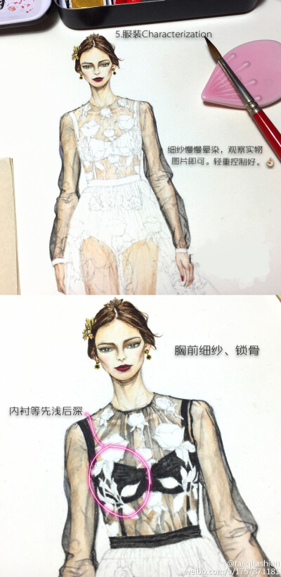  fashion illustration过程图。纱的绘制其实是最简单的，只需要控制好颜料的深浅即可。沟边以后可以再晕染，达到极细就是最好的质感表现