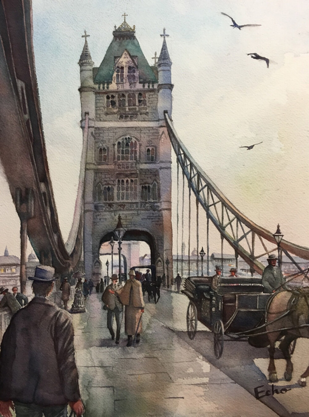 水彩 伦敦塔桥 建筑 风景绘画 插画