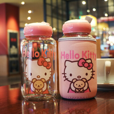 韩国大容量可爱玻璃杯便携时尚情侣叮当猫KT学生男女水杯子萌水瓶