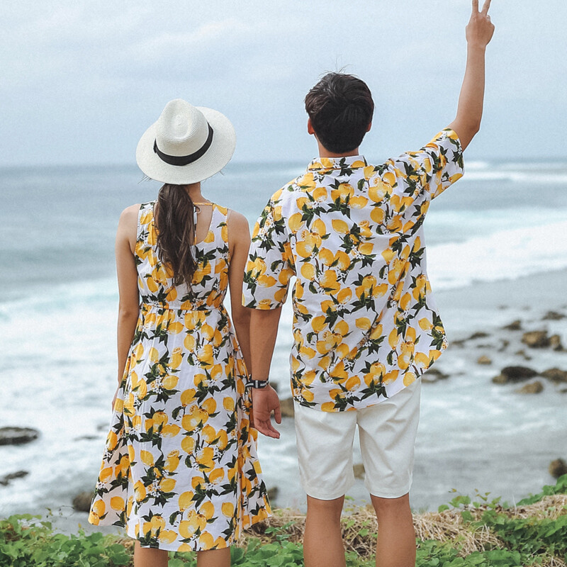 沙滩度假碎花高腰女连衣裙子夏装情侣装潮韩版清新花色短袖男衬衫