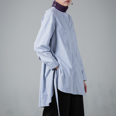 番塔塔独立设计 蓝色条纹衬衫 极简系带宽松长袖衬衫 前短后长