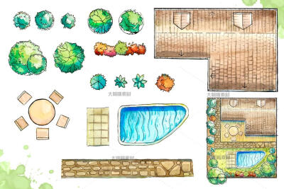 手绘水彩建筑房屋植物微景观布置场景平面图AI矢量设计素材AI116