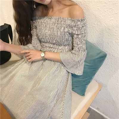 复古韩国chic风气质喇叭袖一字肩上衣修身显瘦竖条纹短袖连衣裙潮