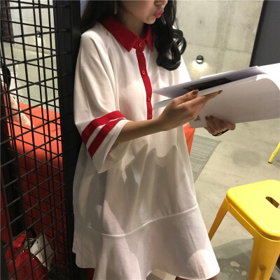 夏装韩版polo领条纹中长款五分袖连衣裙宽松荷叶边学生裙子显瘦女