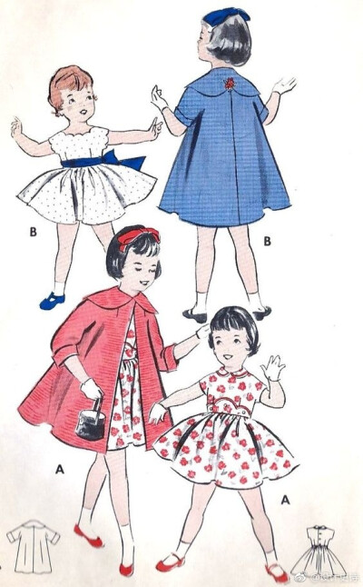 上个世纪小女孩服装设计插图 ​​​​
