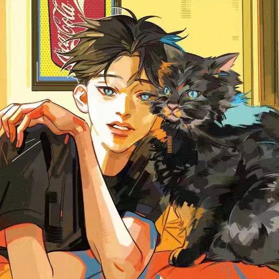 动漫男头 欧美画风 男孩与猫 蓝瞳 黑猫 黑T中分男孩 配色鲜明 眼前一亮