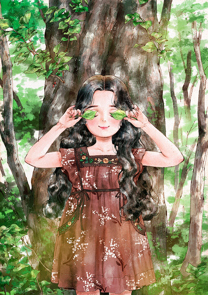 夏天的阳光太强烈，做个清凉的叶子太阳镜…问题是什么也看不见喔！ ~ 来自韩国插画家Aeppol 的「森林女孩日记-2017」系列插画。