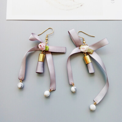 原创设计灰粉色缎带丝带耳环耳勾韩版气质个性手作配饰花朵蝴蝶结