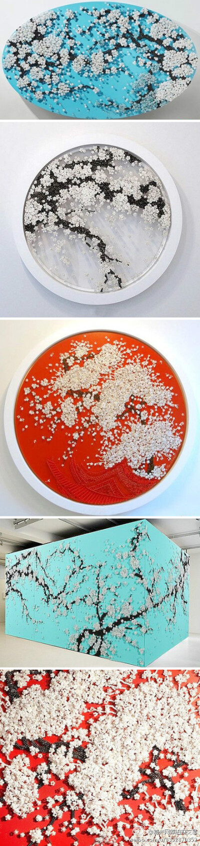 利用纽扣、串珠和大头针DIY的樱花树