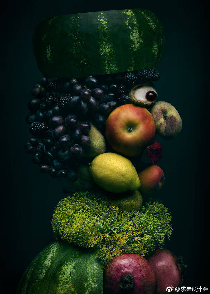 多吃水果蔬菜，有利养颜排毒，来自波兰的摄影师兼艺术家Anna Tokarska 用一组“蔬菜先生”的肖像照来表达自己的心意，画面的灵感来自于意大利画家 Giuseppe Arcimboldo的作品。