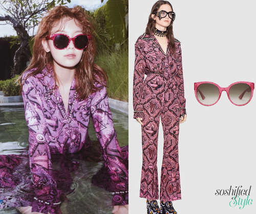 Gucci:
Romaine Print Silk Shirt @ gucci.com £1,610
Romaine Print Silk Pant @ gucci.com £795
Round-frame Acetate Sunglasses @ gucci.com £235