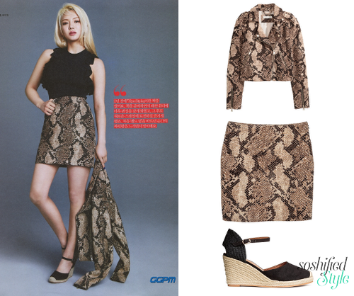 H&M:
Snakeskin Jacket @ hm.com $59.99
Snakeskin Skirt @ hm.com $34.99
Wedge-Heeled Shoes @ hm.com $34.99