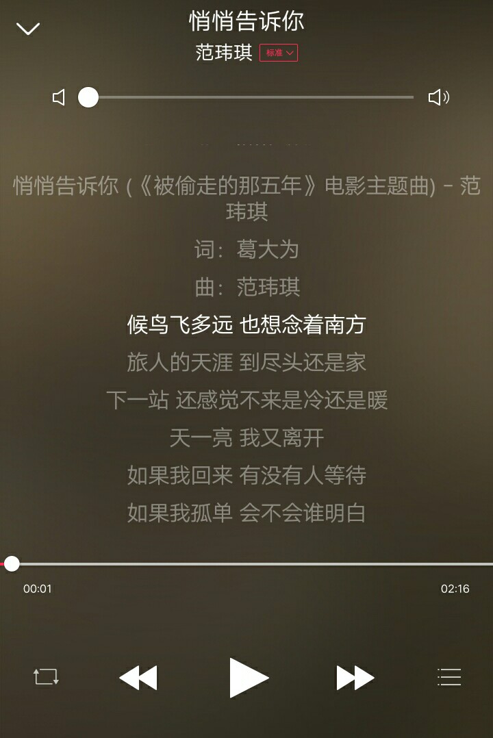 范玮琪《悄悄告诉你》不解释，好听【候鸟飞多远 也想念着南方 旅人的天涯 到尽头还是家】
【如果我回来 有没有人等待 如果我孤单 会不会谁明白】