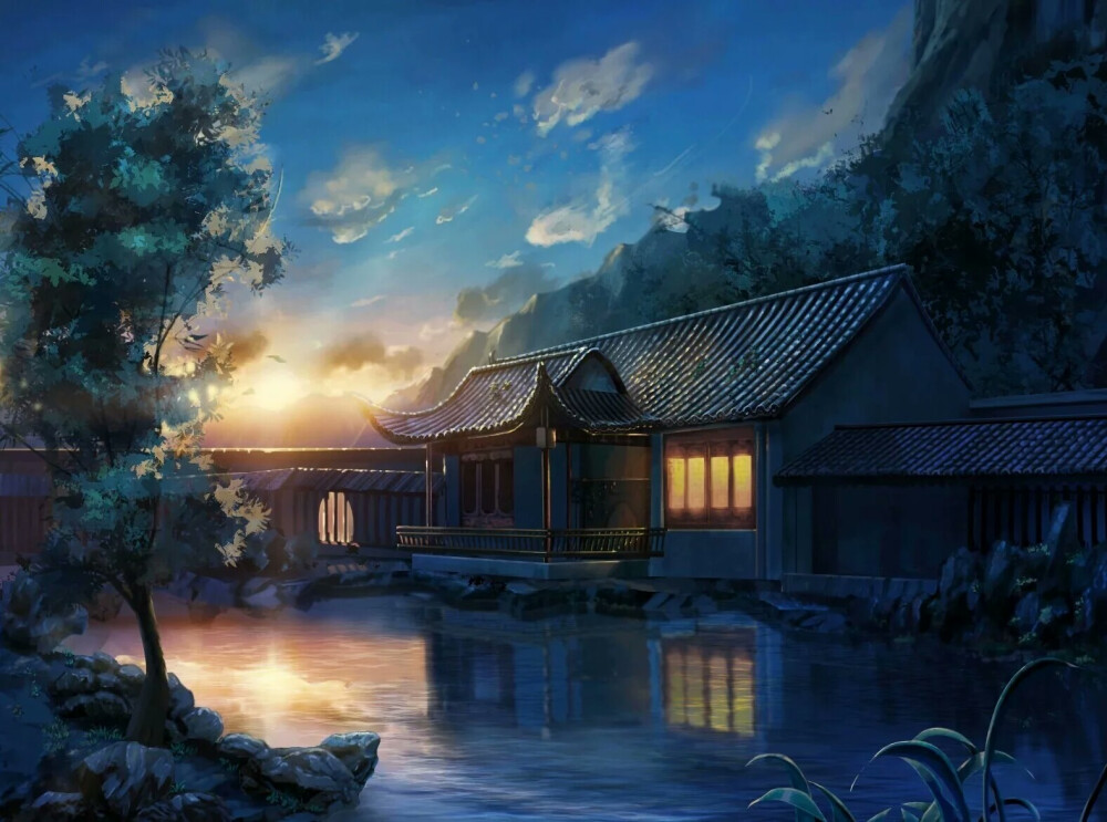 壁纸 场景 手绘 插画 蓝色 二次元 黄昏