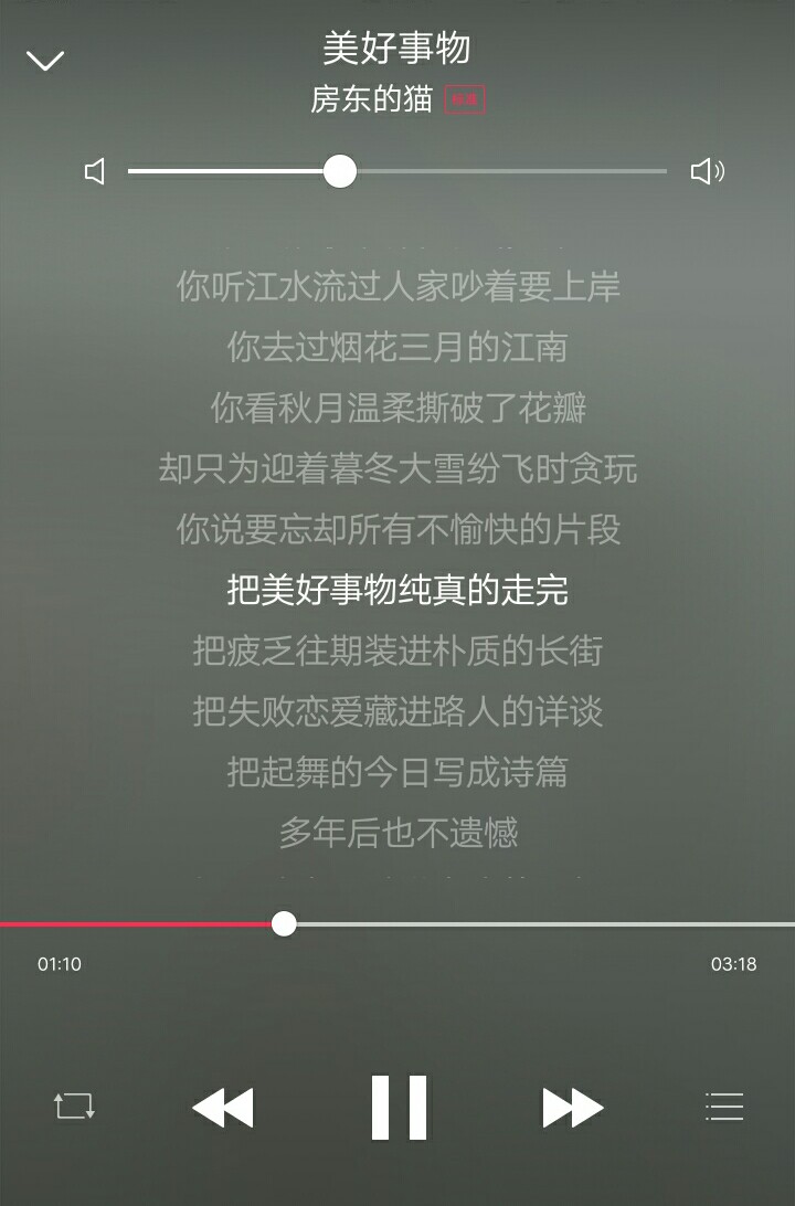 房东的猫《美好事物》治愈系，歌曲整体暖暖的，像是冬天的暖阳 ，温暖明媚。声音是软萌小清新系列。也是适合一个人静静的听
【 你看 秋月温柔撕破了花瓣 却只为迎着暮冬大雪纷飞时贪玩】
【你说 要忘却所有不愉快的片段 把美好事物纯真的走完】