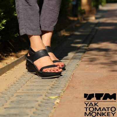 YTM手工鞋松糕底夏季坡跟女皮凉鞋一字扣带复古学院风内增高软底