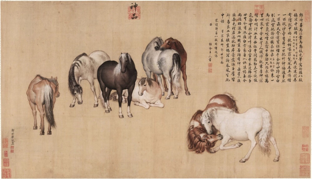清郎世宁八骏图。
朗世宁（1688—1766年）意大利米兰人。康熙五十四年（1715年）作为传教士来到中国，历任康熙、雍正、乾隆三朝宫廷画师。
此作绢本，是为康熙第二十一子慎郡王允禧所作。八匹骏马神情、姿态各异，是其晚年的精品之作。