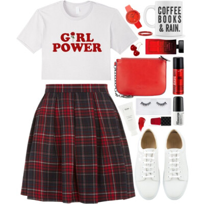 A fashion look from August 2017 featuring rosette top, checkered skirt and tennis shoes sneakers. Browse and shop related looks.