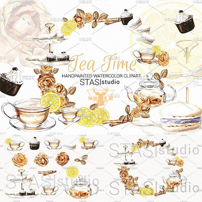 水彩下午茶甜点金色玫瑰桂皮柠檬图案卡片 PNG免抠设计素材