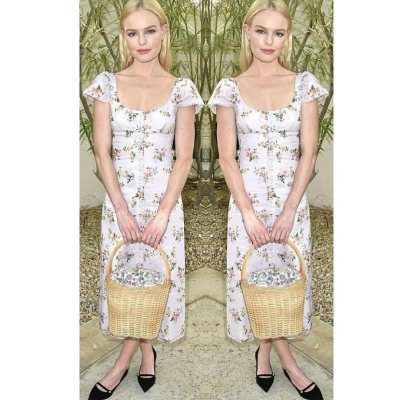 kate bosworth 碎花裙，草藤包，欧美，街拍，时尚