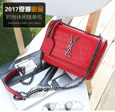 2017春夏新品牛皮斜挎 单肩休闲 鳄鱼纹链条小方女包 包邮