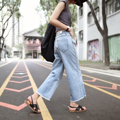 鱼屿 流苏边 九分牛仔阔腿裤女 夏秋款高腰宽松显瘦阔脚裤休闲裤