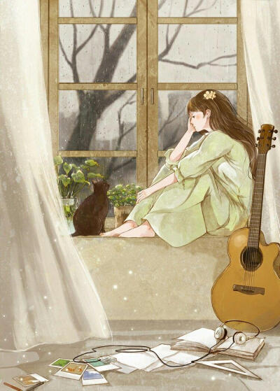 手绘 吉他女孩