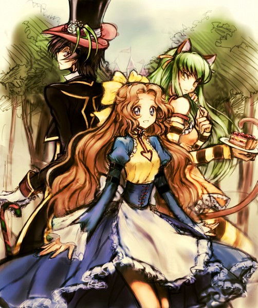 Tags: Anime, Rahit, CODE GEASS: Hangyaku no Lelouch, Code Geass: Nunnally in Wonderland, Lelouch Lamperouge, Nunnally Lamperouge, C.C., Mad Hatter (Cosplay), Pie, Cheshire Cat (Cosplay), Alice in Wonderland (Parody), Alice Liddell (Cosplay), Pixiv