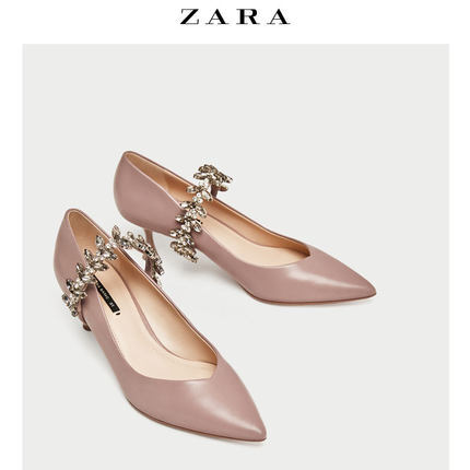 ZARA 新品 女鞋 珠宝装饰脚踝绊带皮革中跟鞋 16238201098