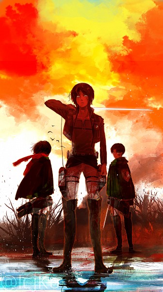 Tags: Anime, Pixiv Id 5530675, Shingeki no Kyojin, Eren Jaeger, Levi, Mikasa Ackerman, Water Reflection, Fanart, Fanart From Pixiv, PNG Conversion, Pixiv, Mobile Wallpaper, Giants Advance