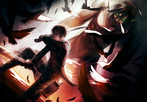 Tags: Anime, Pixiv Id 908378, Shingeki no Kyojin, Titan (Shingeki no Kyojin), Eren Jaeger, Levi, Rogue Titan, Backlight, Gunblade, White Bird, Pixiv, Fanart, Fanart From Pixiv, Giants Advance