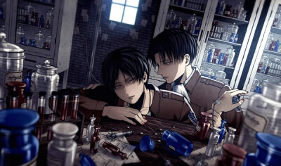 Tags: Anime, Yuusaki, Shingeki no Kyojin, Eren Jaeger, Levi, Test Tube, Pills, Potion, Holding Wrist, Syringe, Fanart From Pixiv, Fanart, Pixiv, Giants Advance