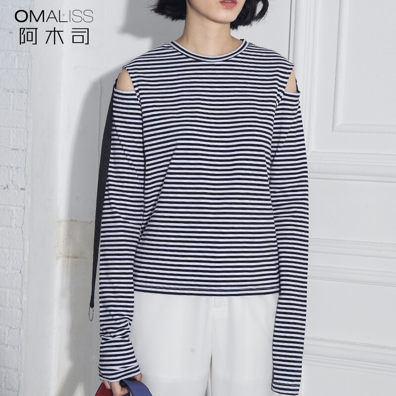 7.207.21漏肩破洞黑白条纹长袖T恤女半高领打底