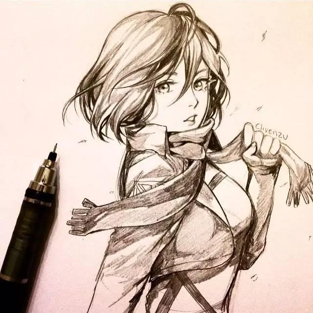 转载自qq,画师:clivenzu 三笠女神 手绘 黑白