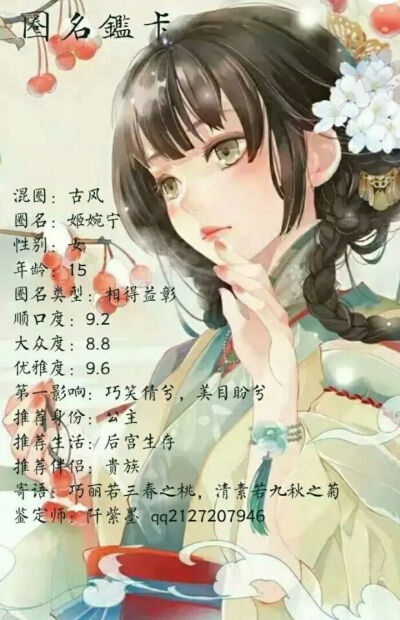 【紫墨の小铺】
各种了不得的鉴❤ 前三无偿鉴定
声鉴/圈名鉴/二次元鉴/星座鉴/颜鉴/古代鉴/瞳鉴1.5r
情侣鉴/闺蜜鉴2r
性格鉴/奶茶鉴/床鉴1r
所有鉴定教程打包6r
QQ2127207946