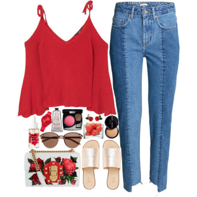 A fashion look from August 2017 featuring red sweater, slim fit jeans and wide width sandals. Browse and shop related looks.