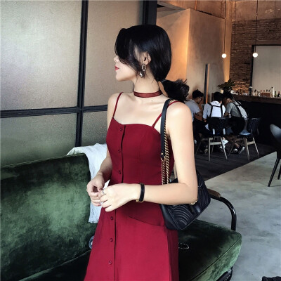DALU STUDIO2017夏季复古酒红修身吊带连衣裙性感露背打底裙