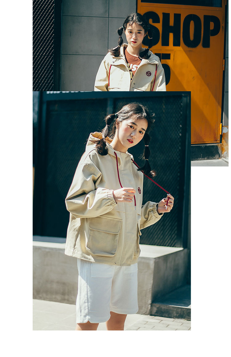 猫酱紫原创日系简约连帽工装外套复古宽松显瘦短款学生外套