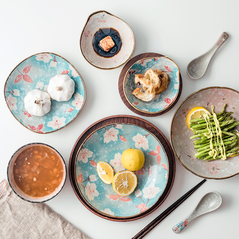 日式陶瓷玉兰花雪花釉单人一人食餐具碗筷盘子瓷碗盘碗碟饭碗套装