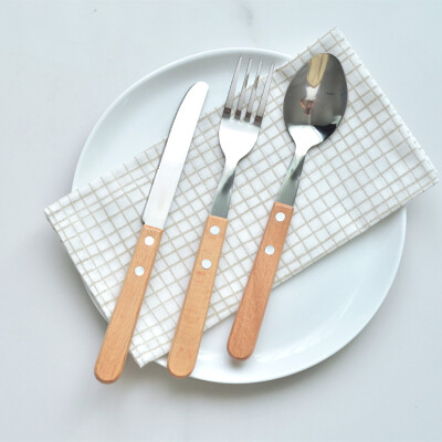 述物不锈钢西餐刀叉勺 儿童家用榉木方形手柄饭勺水果叉汤匙勺子