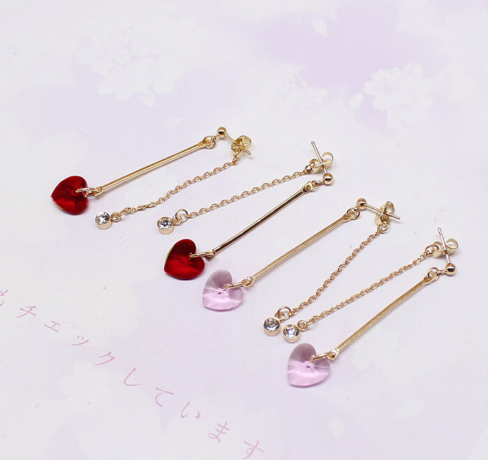 开荒饰界日系夏季 甜美水晶桃心 气质分体简约耳钉耳环 A3