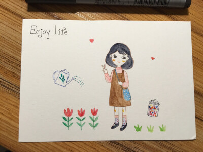 enjoy life 水彩卡片 女孩子