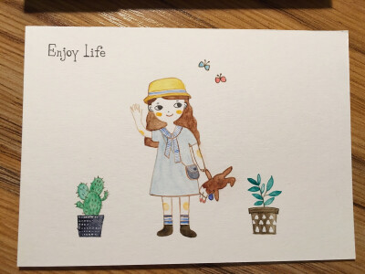 enjoy life 水彩卡片 女孩子