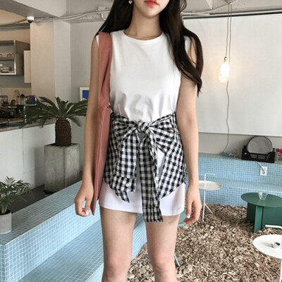 韩国 chic风 2017夏装圆领纯色百搭腰间格子连衣裙